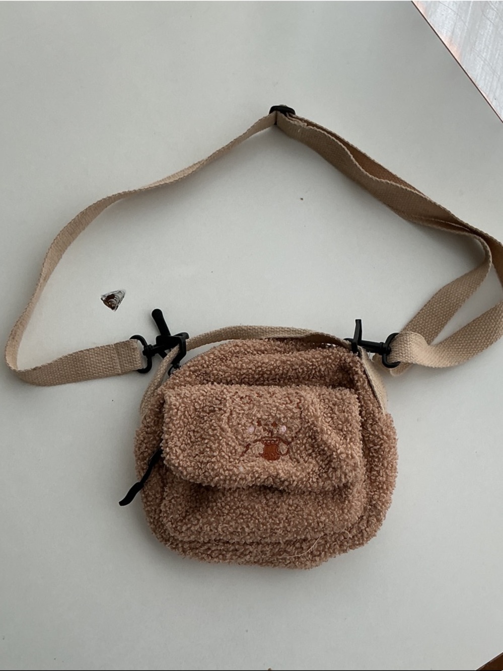 Beige Sherpa Crossbody Bag with Front Pocket